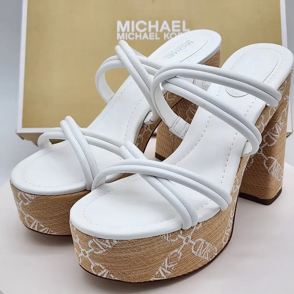 NEW Michael Kors Corrine Platform Leather Chain Sandals White Women's Size 8.5M